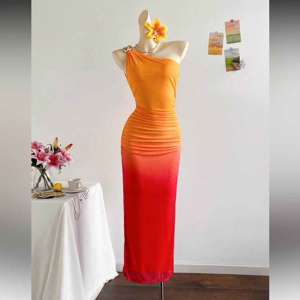 SHEIN One-Shoulder Orange Red Ombre Dress